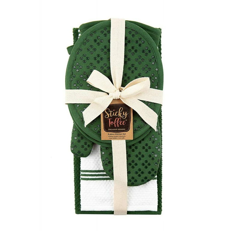 Sticky Toffee Kitchen Towels Dishcloths Oven Mitts and Pot Holders Set of  9, 100% Cotton Terry, Non-Slip Silicone, Dark Green