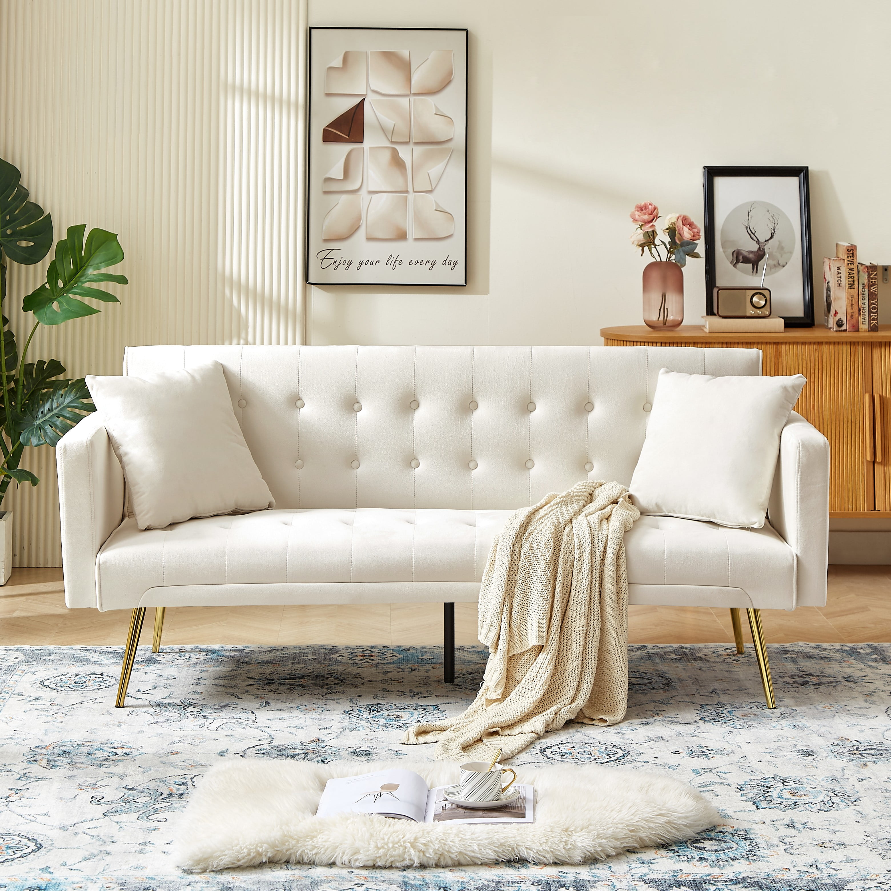 Leumius Velvet Futon Sofa Bed,Adjustable Convertible Folding Sleeper Couch Bed for Compact Living Spaces,Beige