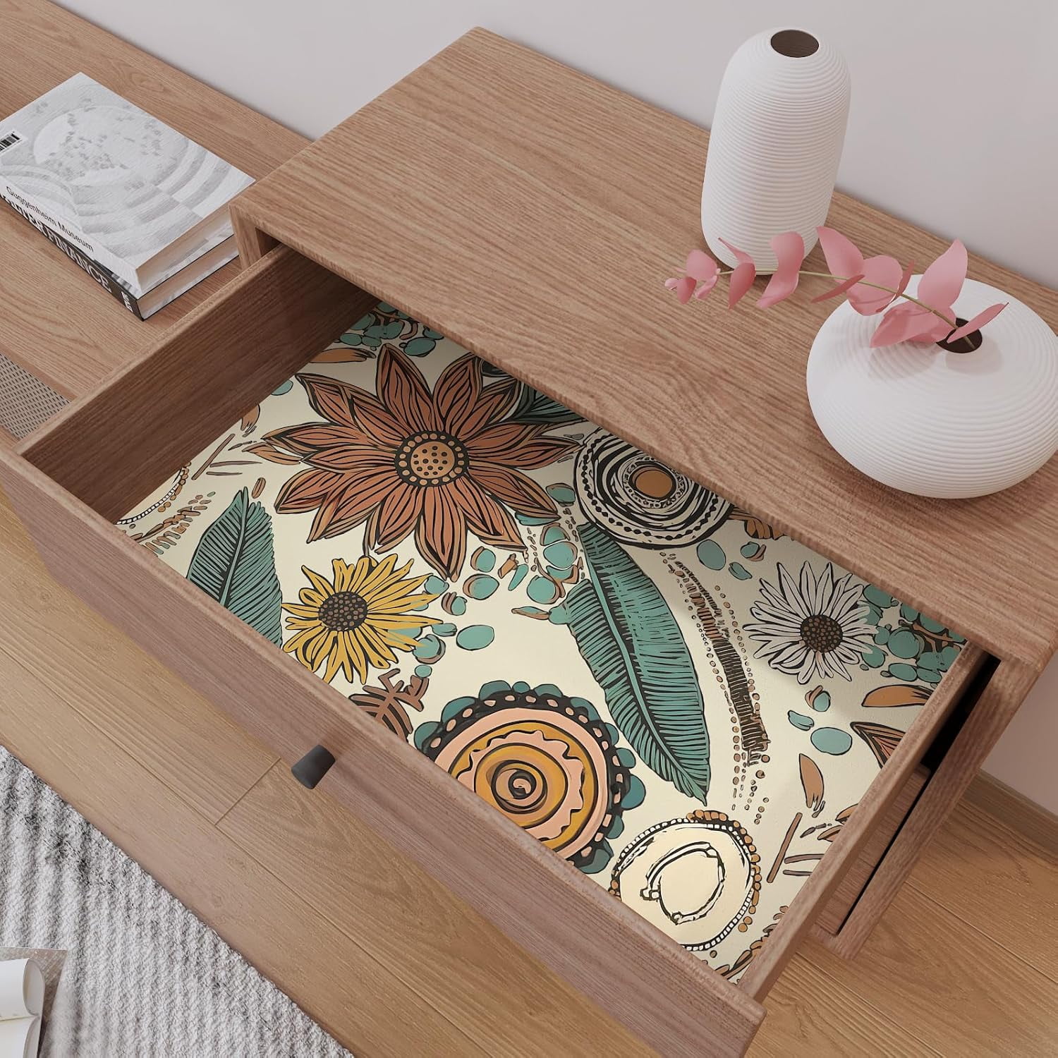 Boho Wallpaper Peel and Stick,Vintage Floral Contact Paper 17.5" x 118", Retro Botanical Flowers Wall Paper Self Adhesive Removable Waterproof for Walls Shelves Cabinet Table (Beige,Brown, Blue)