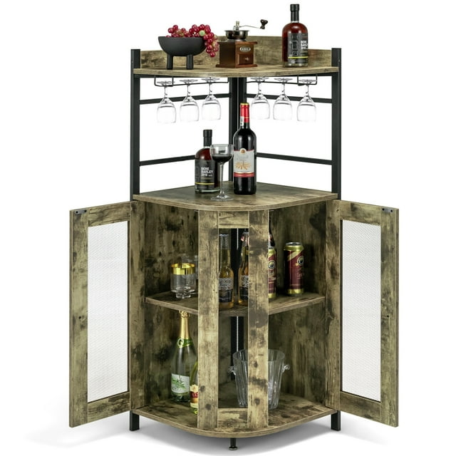 Costway Armario de Barra en Esquina con Portavasos de Vidrio, Armario de Vino Industrial con Puertas de Malla Metálica y Estante Ajustable, Buffet con Kit Antivuelco para Cocina, Comedor, Bistro