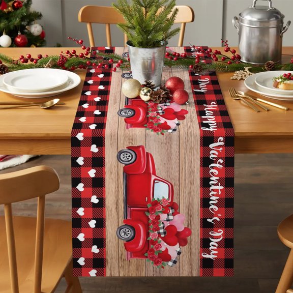 Table Runner 90 Inches Long - Valentine Farm Truck Love Heart Rose Decorative Table Scarf, Retro Wood Buffalo Black Red Plaid Dining Table Runners for Wedding Party Kitchen Dining Tables
