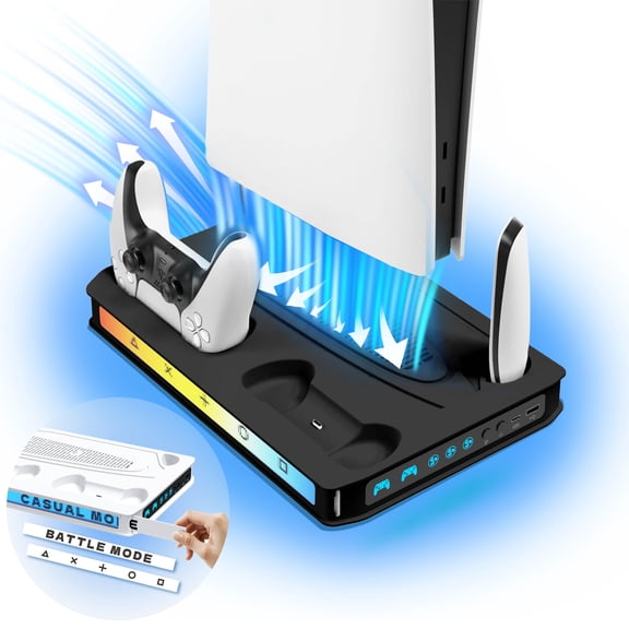 PS5 Cooling Station for PS5/Slim/Pro Disc Digital Console, with Dual Controller Charger,3 Level Fan, 9 Modes RGB Lighting and DIY The Pattern by Yourself on The Side