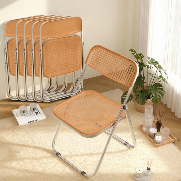 HDHNBA Indoor Outdoor Stackable Rattan Look Plastic Folding Chairs 350 LBS, Set of 6, Brown