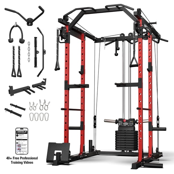 Mikolo Power Rack, Weight Stack Power Cage with Cable Crossover Machine, Multi-Function Squat Rack with Dip Bars and Landmine for Home Gym Red