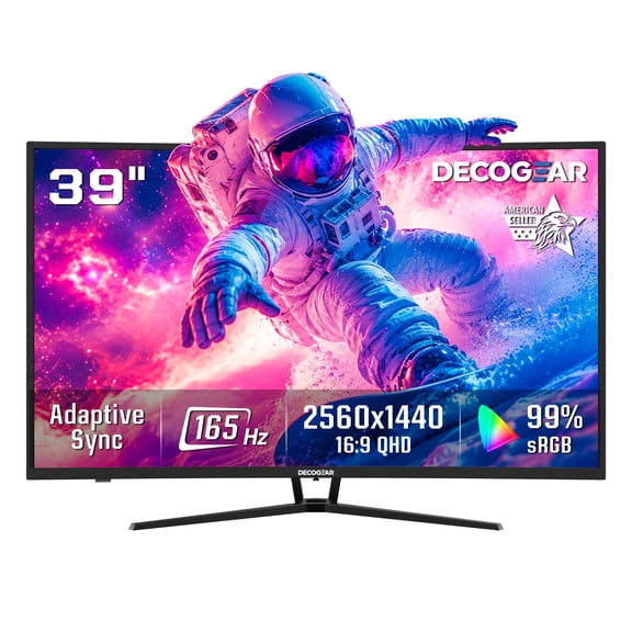 Deco Gear 39" Curved Gaming Monitor, QHD 2560x1440 VA, 165Hz 1ms MPRT, AMD FreeSync, USB-C 65W, HDMI 2.0 & DP 1.4, Built-in Speakers, 3000R