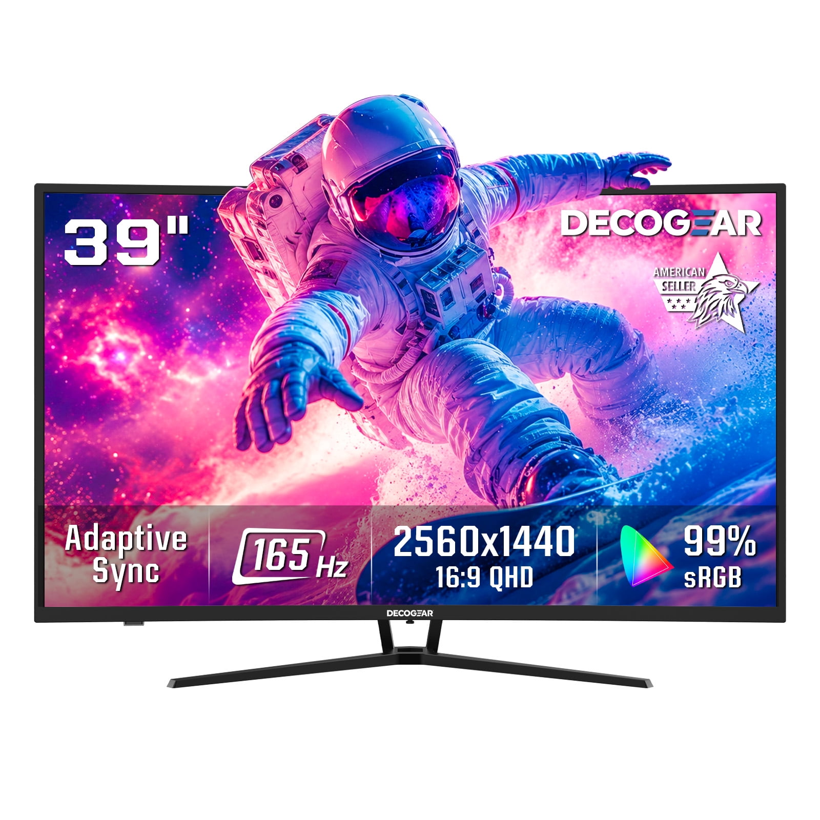 Deco Gear 39" Curved Gaming Monitor, 2560x1440 QHD Computer Monitor, 165Hz Curved Monitor, 1ms MPRT, AMD FreeSync Adaptive Sync, USB-C 65W, HDMI 2.0 & DP 1.4, Built-in Speakers