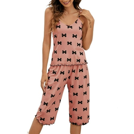 

2pcs Set Cute All Over Print Cami PJ Pant Sets Sleeveless Coral Pink Women s Pajama Sets (Women s)