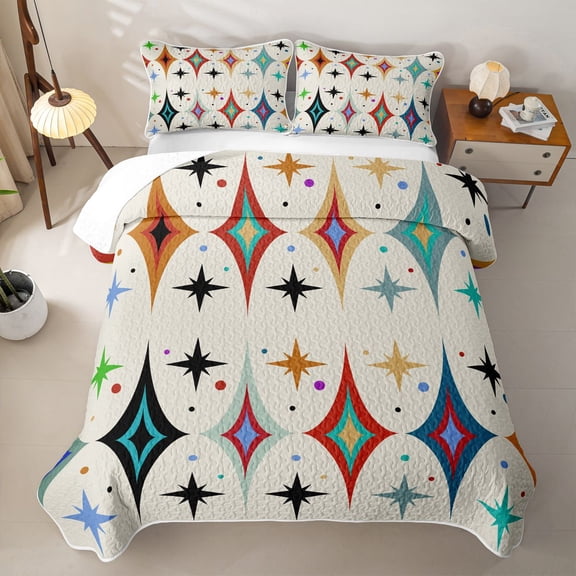 Erosebridal Mid Century Star Twin Quilt Set for Boys Girls, Retro Cream Abstract Print Twin Coverlet Set, 2pcs