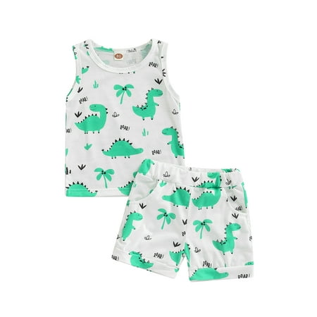

Calsunbaby Toddler Girls Boys Summer 2Pcs Outfits Sleeveless Round Neck Cartoon Dinosaur Print Vest Tops Casual Shorts Set