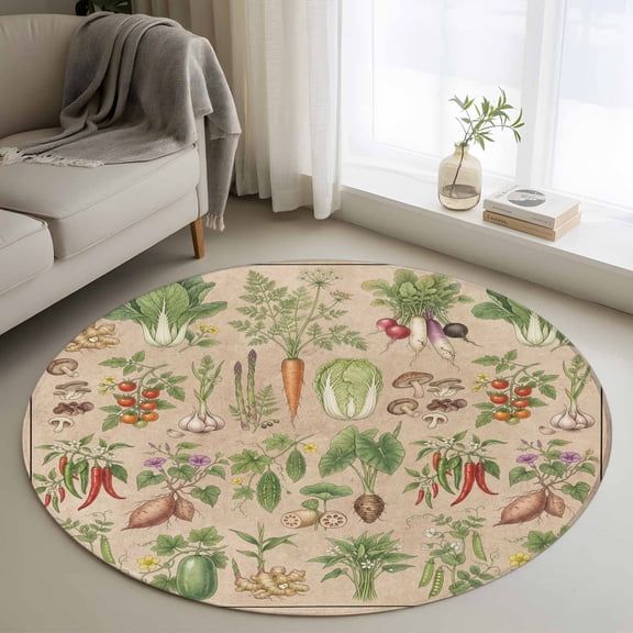Rustic Vegetable Garden Round Area Rug 3.3Ft Washable Circle Rugs for Dining Room Table, Vintage Farmhouse Plants Beige Non-Slip Carpet Floor Mats Indoor Outdoor Carpet Runner Aesthetic Home Decor