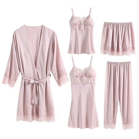 50% off Clear! HAPIMO Discount 4 Piece Pajamas Set for Women Silk Lace Robes Plush Fleece Sleepwear Soft Warm Bathrobe Housecoat Pajamas Dress Babydoll Nightgown Pink XL
