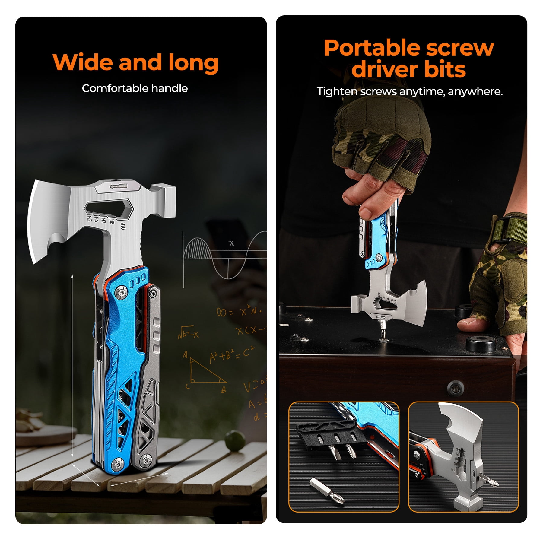Outdoor Multi-Functional Axe Vehicle-Mounted Hammer Firewood Splitter Tactical Axe Camping Survival Woodcutting Axe Combination Tool-Perfect Gift for Men