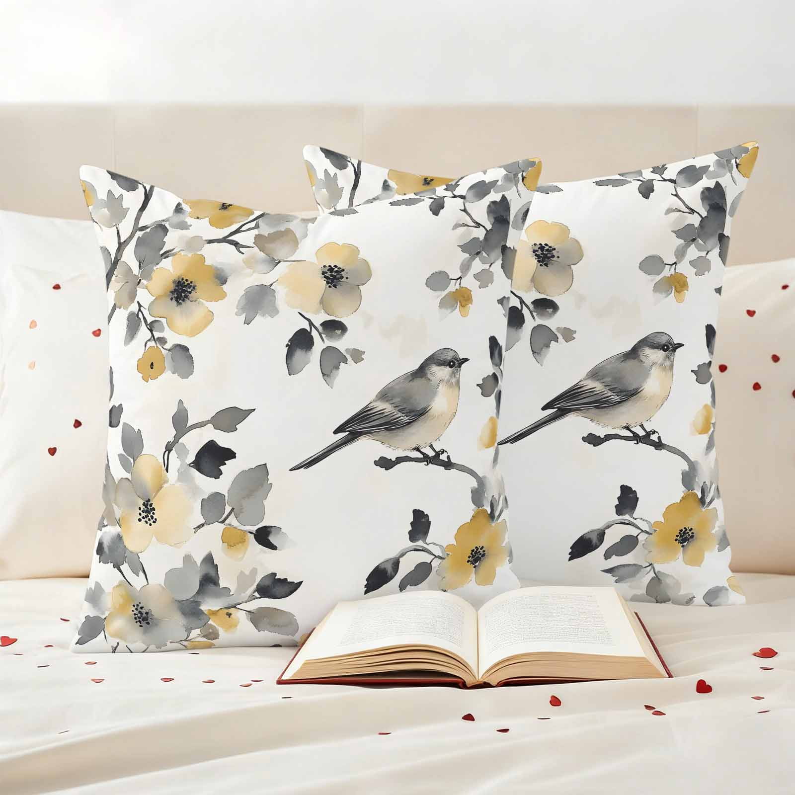 Pastoral Flower Pillow Covers 2 Pack Gray Leaf Yellow Flowers Bird Farmhouse Pillowcase Waterproof Outdoor Throw Pillow Cover for Patio Garden Square Cushion 18”x18”
