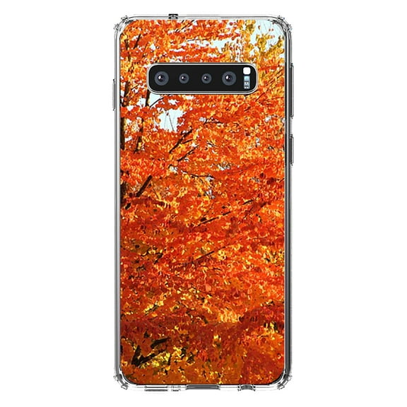 DistinctInk Clear Shockproof Hybrid Case for Samsung Galaxy S10 (6.1" Screen) - TPU Bumper, Acrylic Back, Tempered Glass Screen Protector - Orange Autumn Leaves