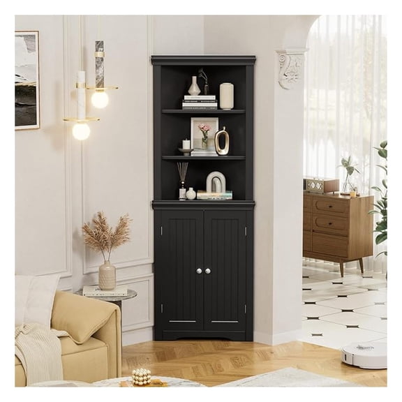 Corner Cabinet, Freestanding Corner Shelf with 2 Doors and 3 Shelves, Bathroom Corner Storage Cabinet for Bathroom, Living Room, Bedroom or Kitchen (Black)