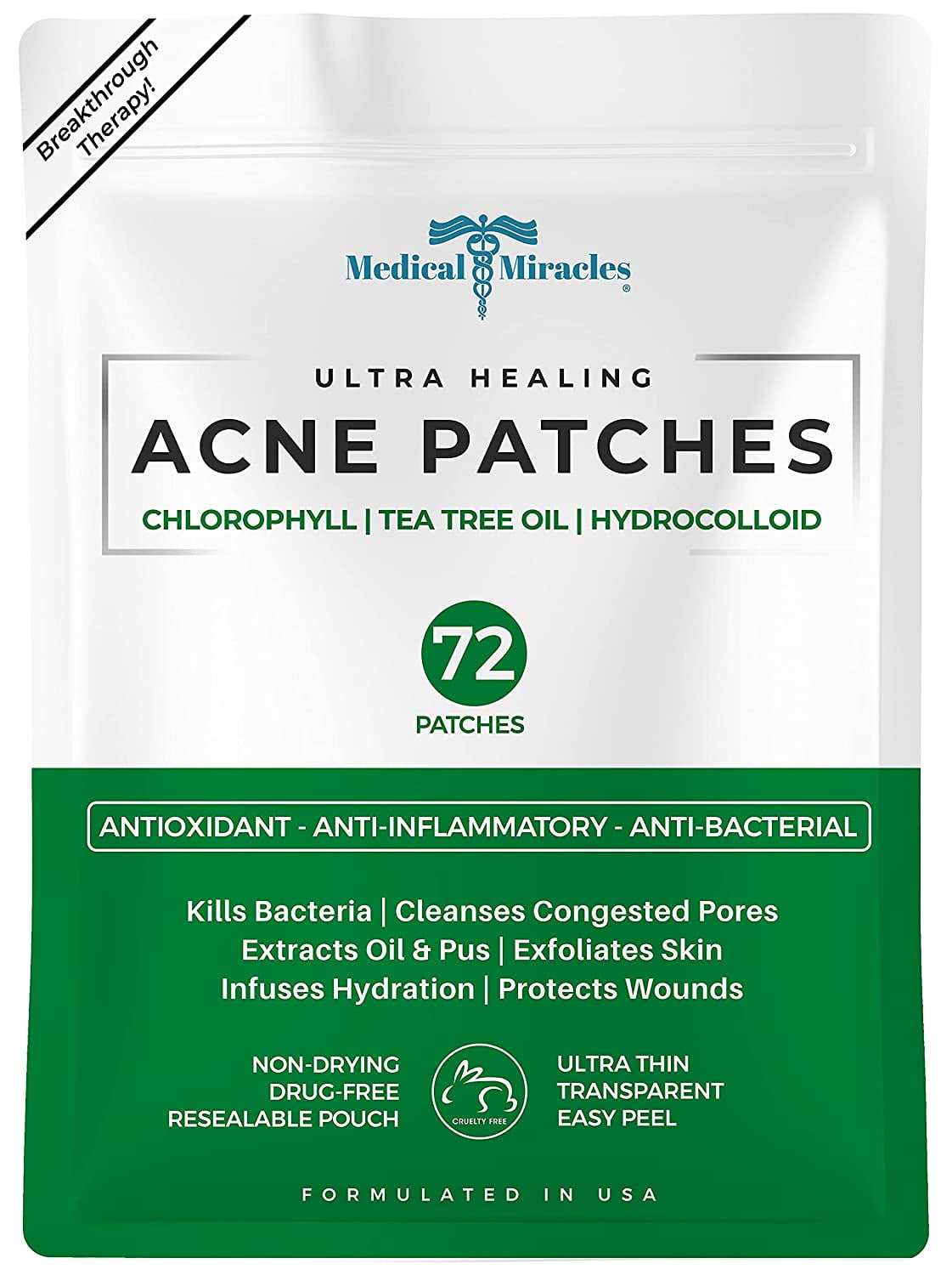 New- Healing Chlorophyll, Tea Tree Oil and Hydrocolloid Acne 72 Patches by Medical Miracles