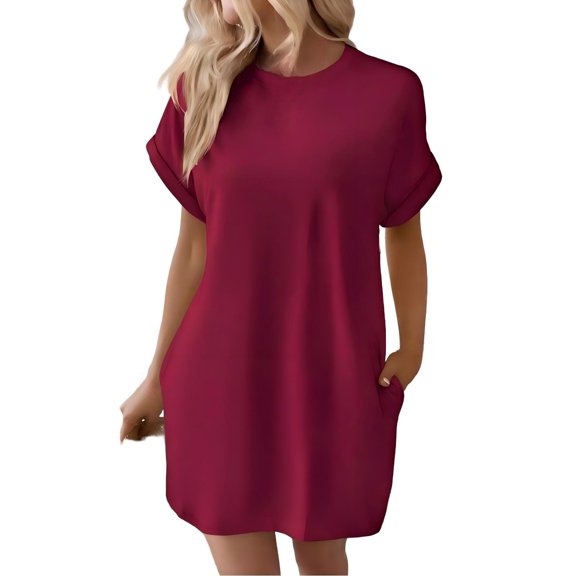 YUEVORA Women's Casual Solid Color Round Neck Short Sleeve T-Shirt Dress with Pockets, Loose Fit A-Line Dress for Spring & Summer