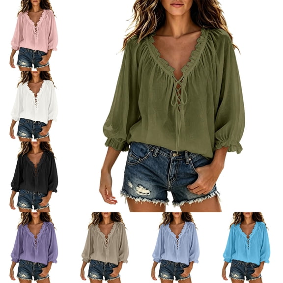 FAHUOMU V Neck Tops for Women Lace Up Oversized Blouses Peasant Sleeve Casual Lightweight Summer Shirts