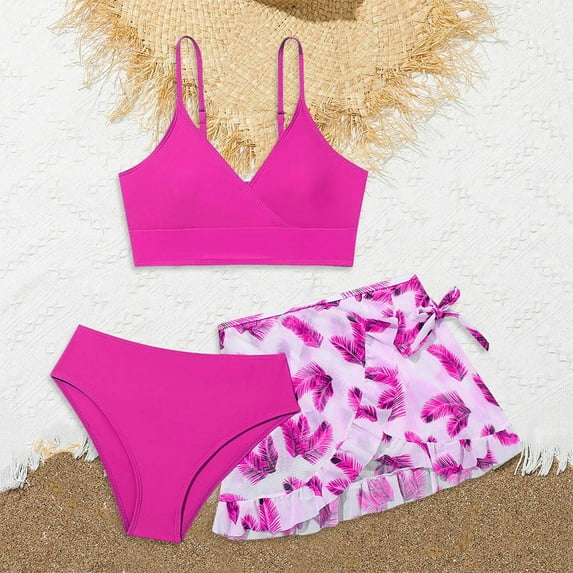 Girl's 3 Piece Swimsuits Floral Halters Bikini Bathing Suit with Mesh Coverups Skirt Spaghetti Strap High Waisted Cute Summer Swimwear for Beach Vacation 8-18 Years Hot Pink