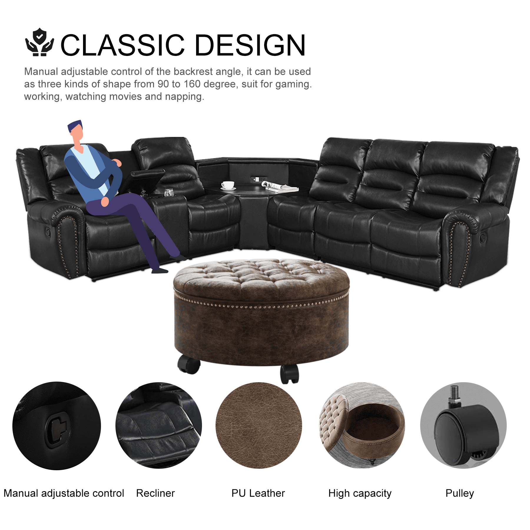 Nathaniel Home 2 Piece Modern Upholstered Leather Multifunctional Sectional Living Room Sofa Set Black and Brown