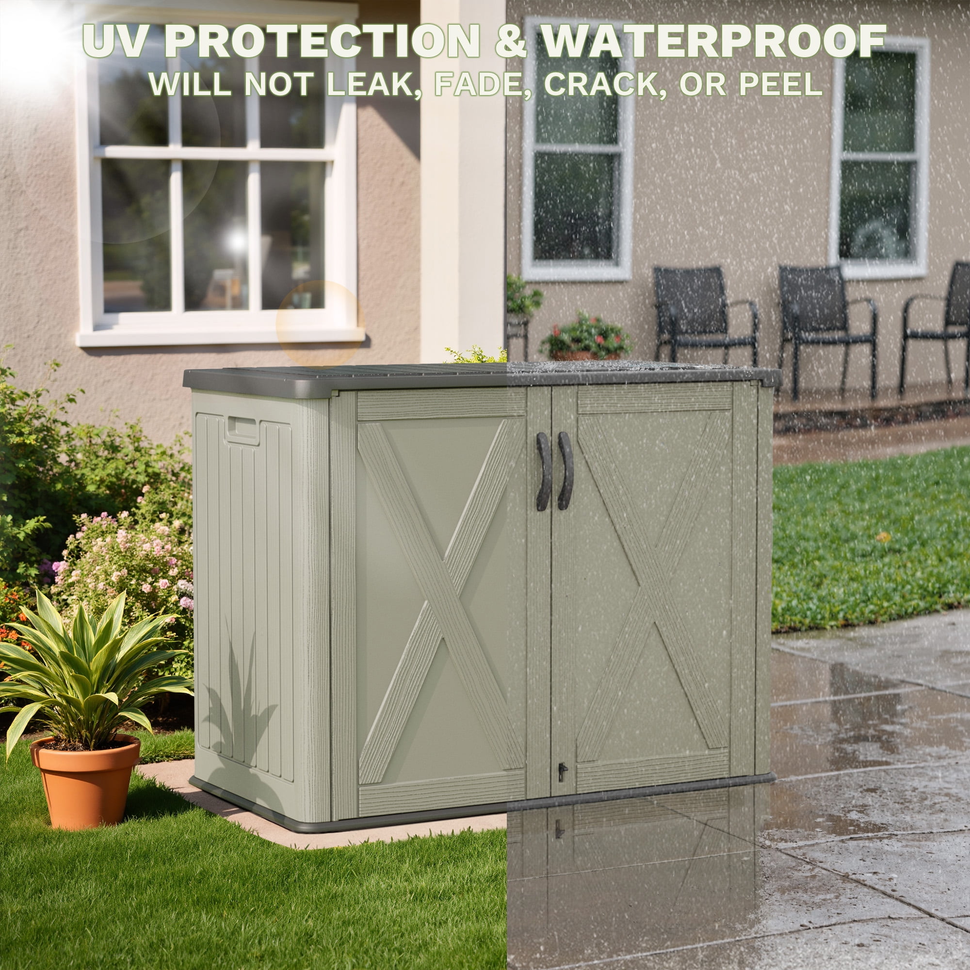 Patiowell 25 Cu.ft Outdoor Storage Shed with Floor, Horizontal Weatherproof Resin Cabinet for Patio, Garden Tools, Pool Supplies, Beige