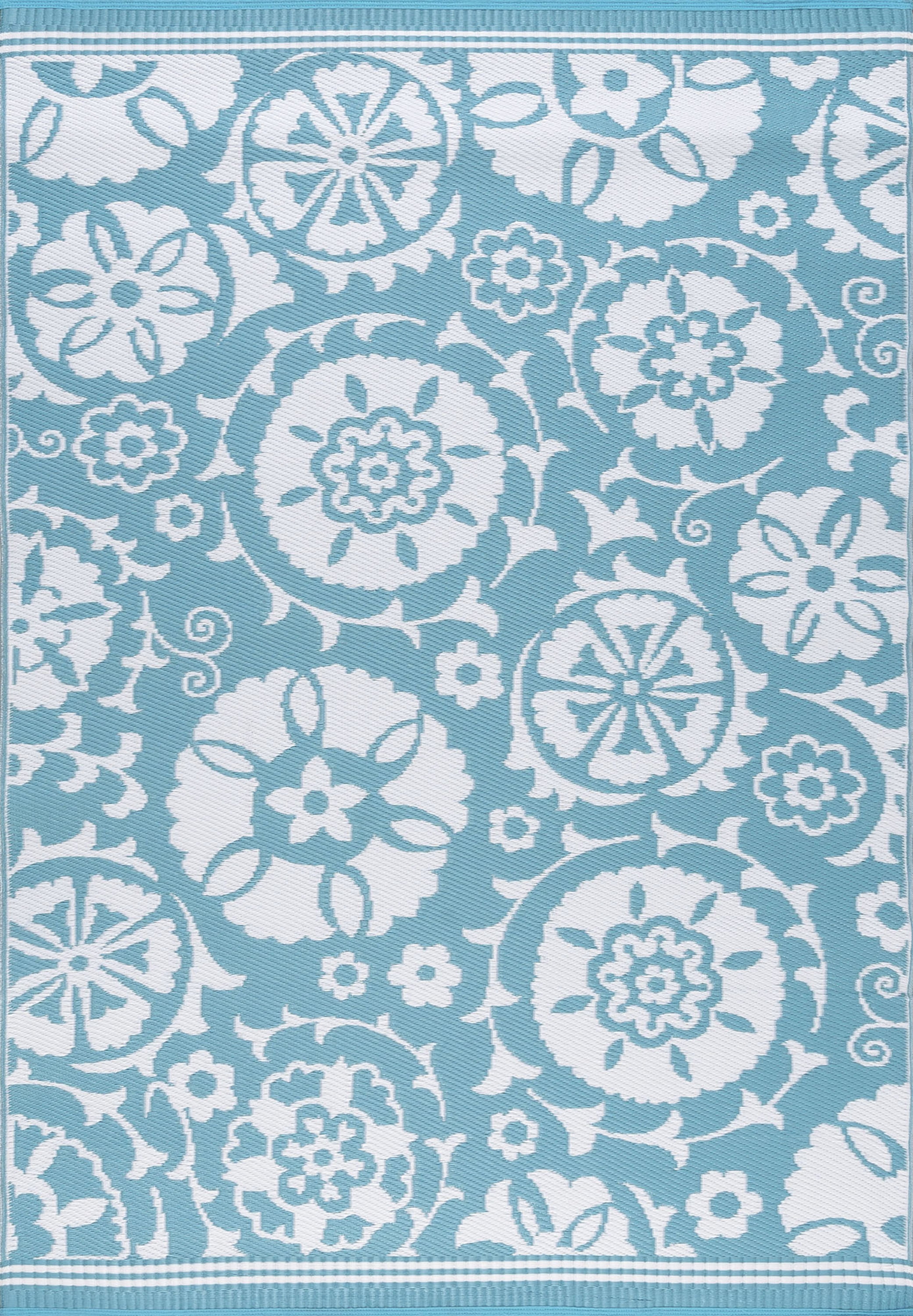 8x10 Reversible Aqua and White Polypropylene Outdoor Floral Area Rug