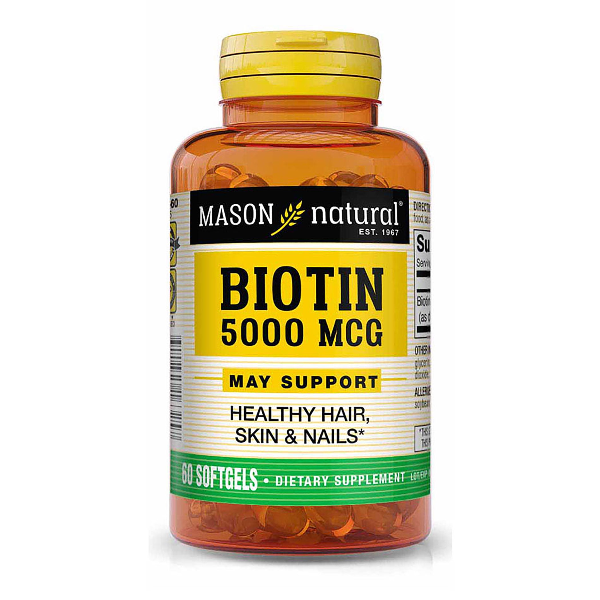 Mason Natural Biotin 5000 mcg - Supports Healthy Hair, Skin & Nails, Premium Beauty Supplement, 60 Softgels