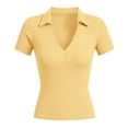 thumbnail image 4 of Daznico Women's Ribbed Knit V Neck Collared Short Sleeve Slim Fit Polo Top Casual Summer,L, 4 of 4