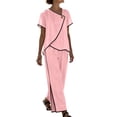thumbnail image 2 of Pounoo Cotton Sets for Women 2 Piece Asymmetric Wrap Neck Single Button Short Sleeve Tops Contrast Edge Wide Leg Pants Casual Daily Outfits Gift, 2 of 6