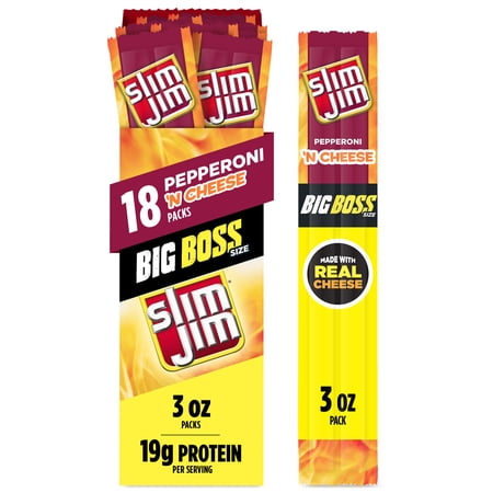 Slim Jim Meat & Cheese, Pepperoni Flavor, 19g Protein per Serving, 3.0 oz., 18-Count