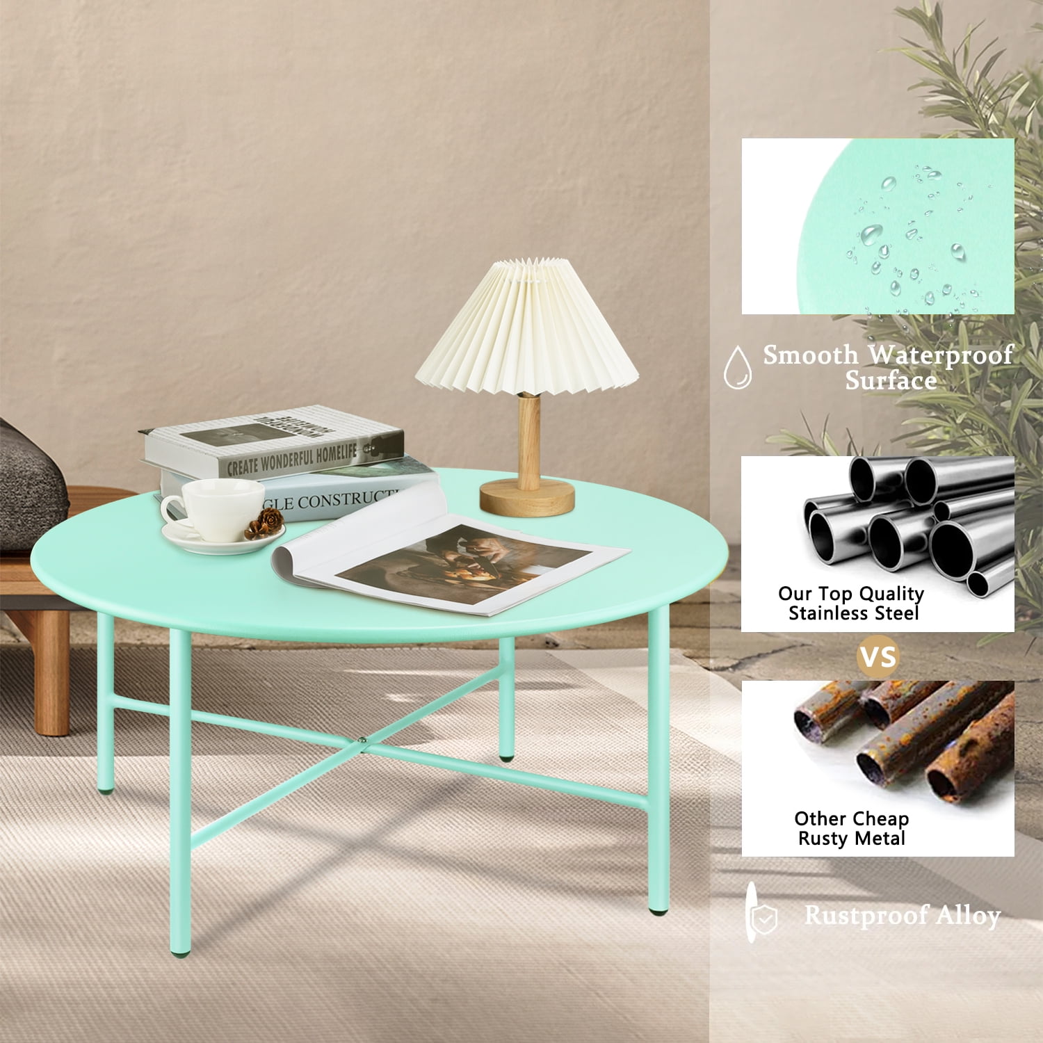 CERBIOR Patio Round Steel Coffee Table, Weather Resistant Anti-Rust and Waterproof Indoor and Outdoor Large Side Table, for Garden Living Room Bedroom Balcony (Mint Green)