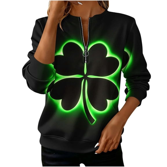 Craaazy Women's Green Spirit Shamrock Zipper Crewneck Long Sleeve St Patricks Day Sweatshirts Gifts
