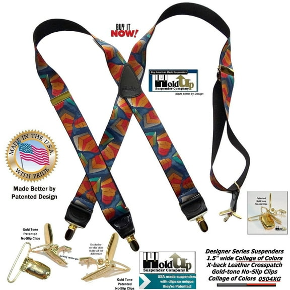 Holdup Collage of Colors Pattern X-back Suspenders and Patented No-slip Gold tone Clips