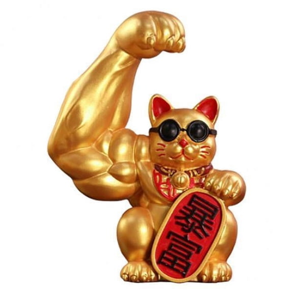 2x Giant Cat Figurine Muscle Feng Shui Fortune Sculptures Waving Arm Fortune Wealth Welcoming Store Opening Decor Collections
