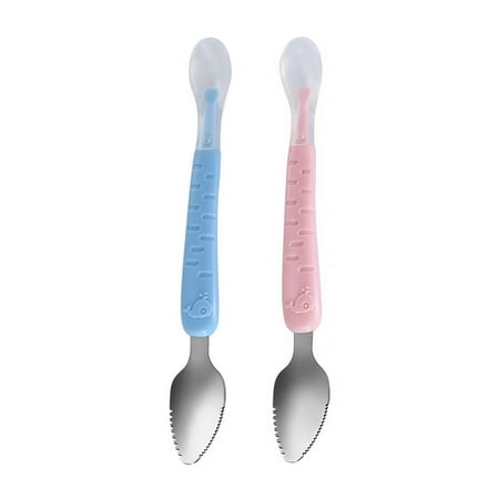 

2pcs Kids Double-headed Spoon Silicone Handle Fruit Puree Spoon Eating Tool