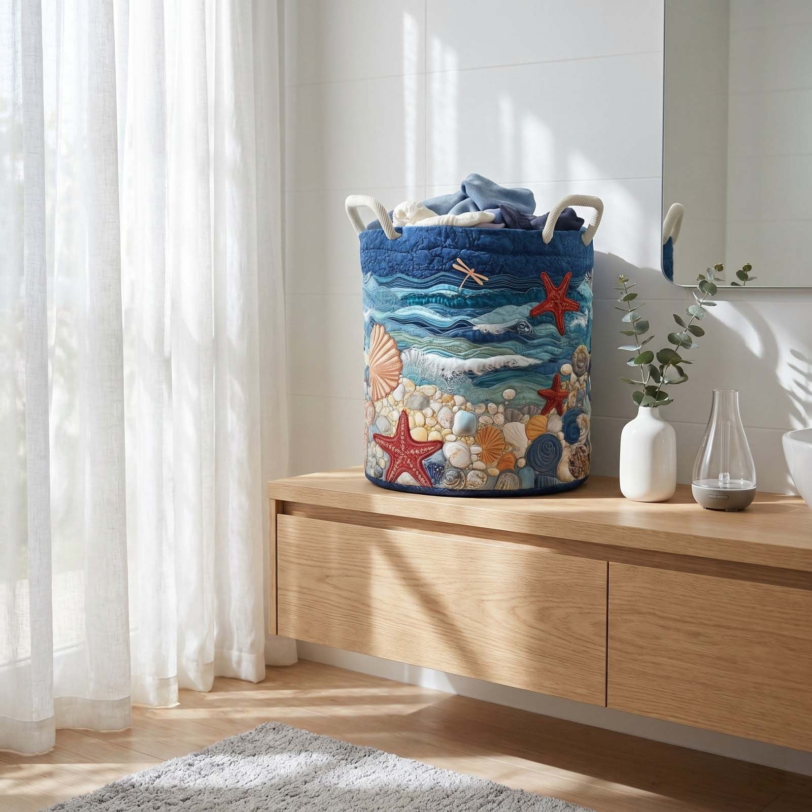 Boho Quilted Laundry Basket with Carry Handles, Foldable Fabric Storage Hamper, Multi-Purpose Clothes Organizer, Lightweight Portable Bin for Bedroom and Bathroom Use
