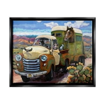 Stupell Industries Dogs Driving Vintage Rustic Truck with Horse Trolley Jet Black Framed Floating Canvas Wall Art, 16x20, by CR Townsend