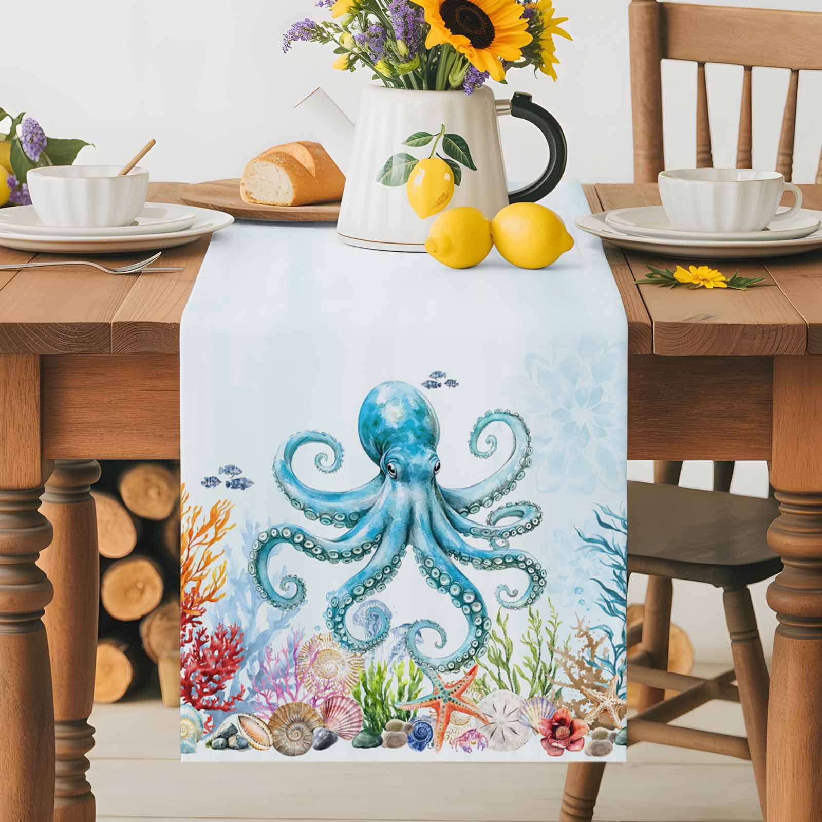 Octopus Ocean Coral Starfish Table Runner 90 Inches Long, Sea Monster Underwater World Table Runners Tabletop Scarf Kitchen Dining Tables Decoration for Home Party Indoor Outdoor