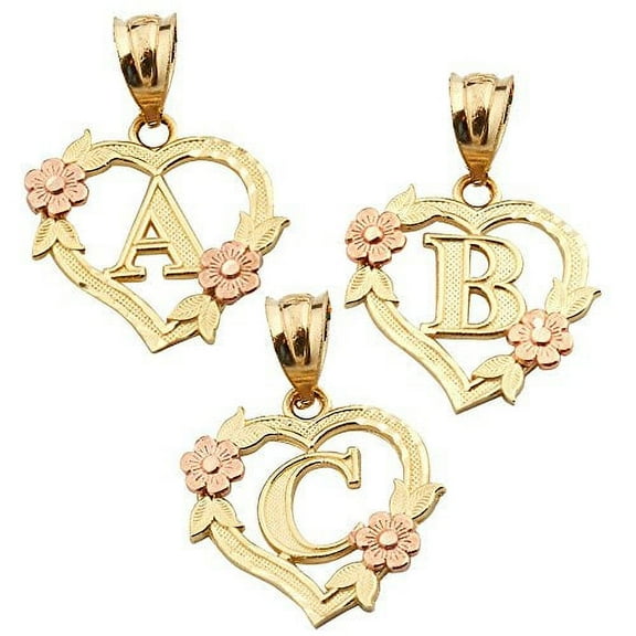 LOVEBLING 10K Yellow Gold Alphabet Initial Charm Necklace Pendant with Beautiful Heart and Rose Border (V)