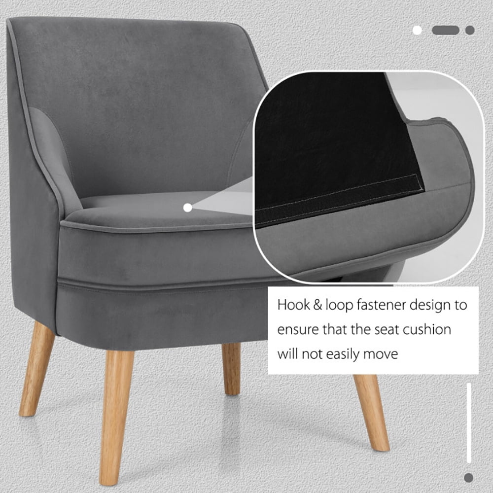 Finihen Velvet Accent Chair, Mid Century Velvet Accent Chair with Rubber Wood Legs, Thickly Padded, for Living Room, Bedroom, Gray