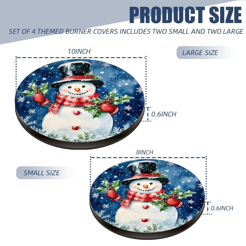 Christmas Electric Stove Burner Covers for Electric Stove, Blue Snowman Snowflakes Round Decorative Metal Gas Stove Burner Covers Set of 4 for Kitchen, 8 Inches and 10 Inches