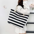 thumbnail image 4 of Hvmvliv Women Striped Canvas Beach Bag,Large Capacity Casual Tote Handbag and Shoulder Bag,Reusable Beach Purse for Beach,Travel,Shopping,Size 13.8X13in Black, 4 of 9