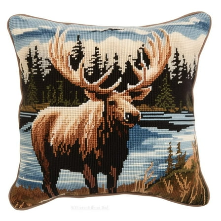 Bull Elk Latch Hook Kits Pillow DIY Crochet Yarn Cushion Pre-Printed Rug Needlework Pillowcase Hook and Latch Kit Christmas Home Sofa Decoration 43x43cm