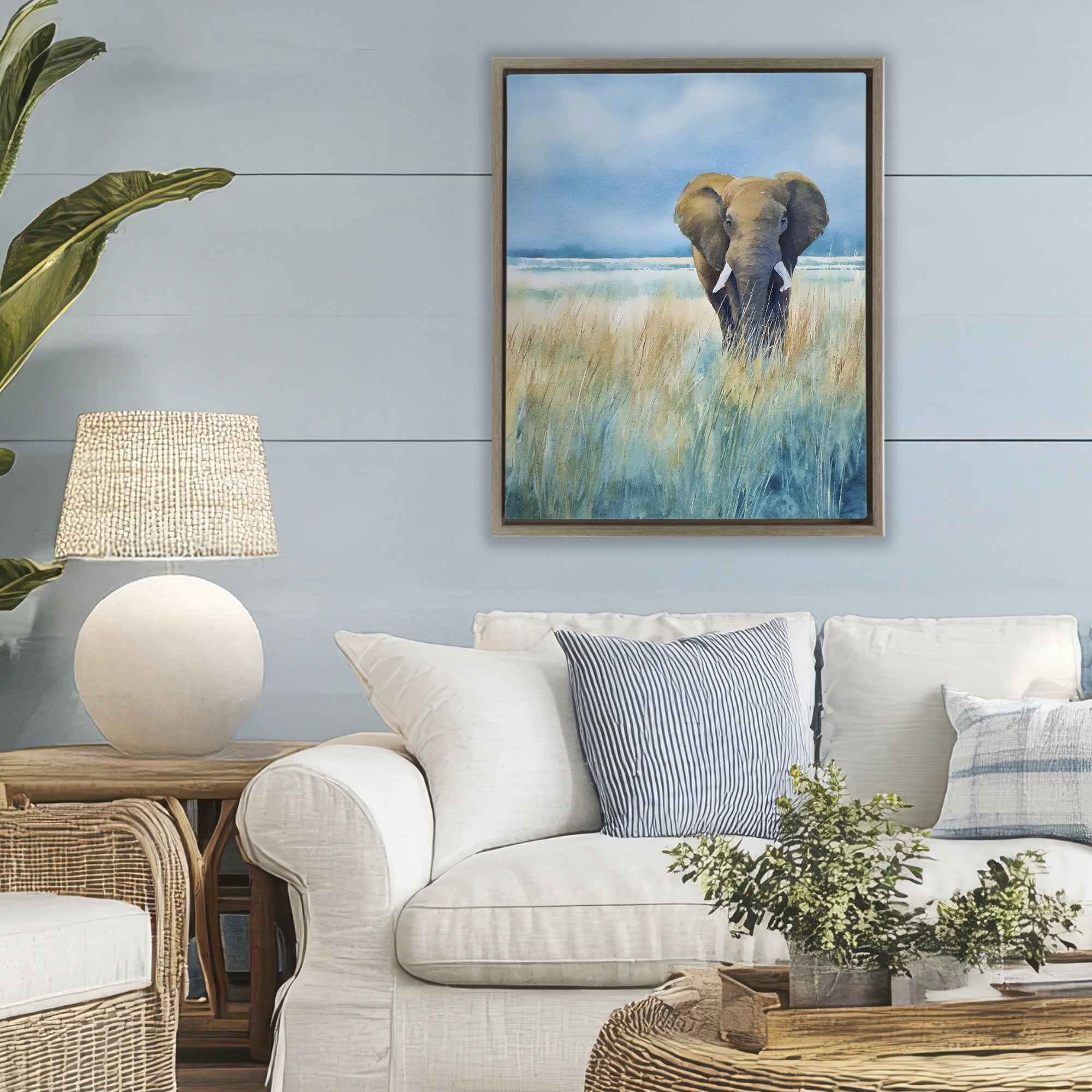 Stupell Industries Blue Grass Elephant Brown Framed Floater Canvas Wall Art, design by Franklyn Gregory