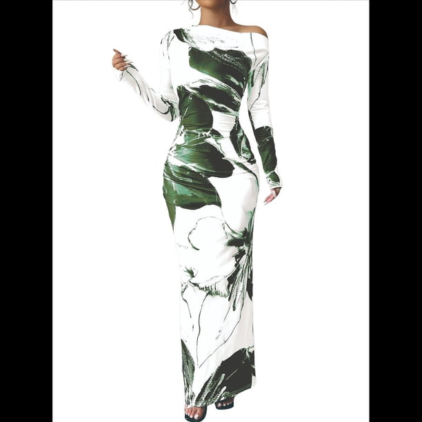 Vestido Maxi Ajustado para Mujer, Moda Otoño , Larga, Estampado Floral, Ajustado, Fruncido, para Fiesta y Club. Verde XL