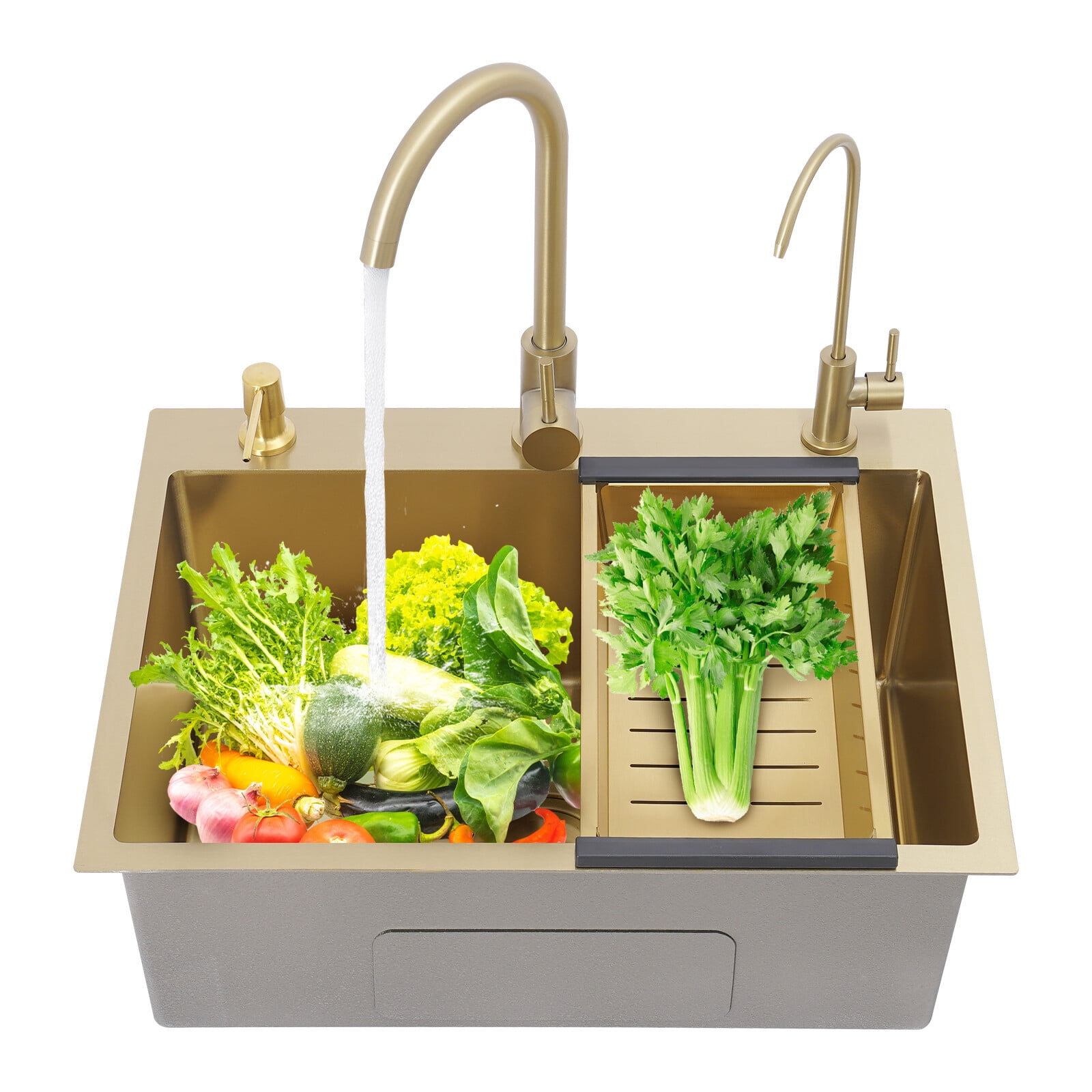 Gold Sink Set, 60x45cm Utility Sink with Faucet Soap Dispenser Drain Basket, Stainless Steel Laundry Tub, Large Capacity Kitchen Sink
