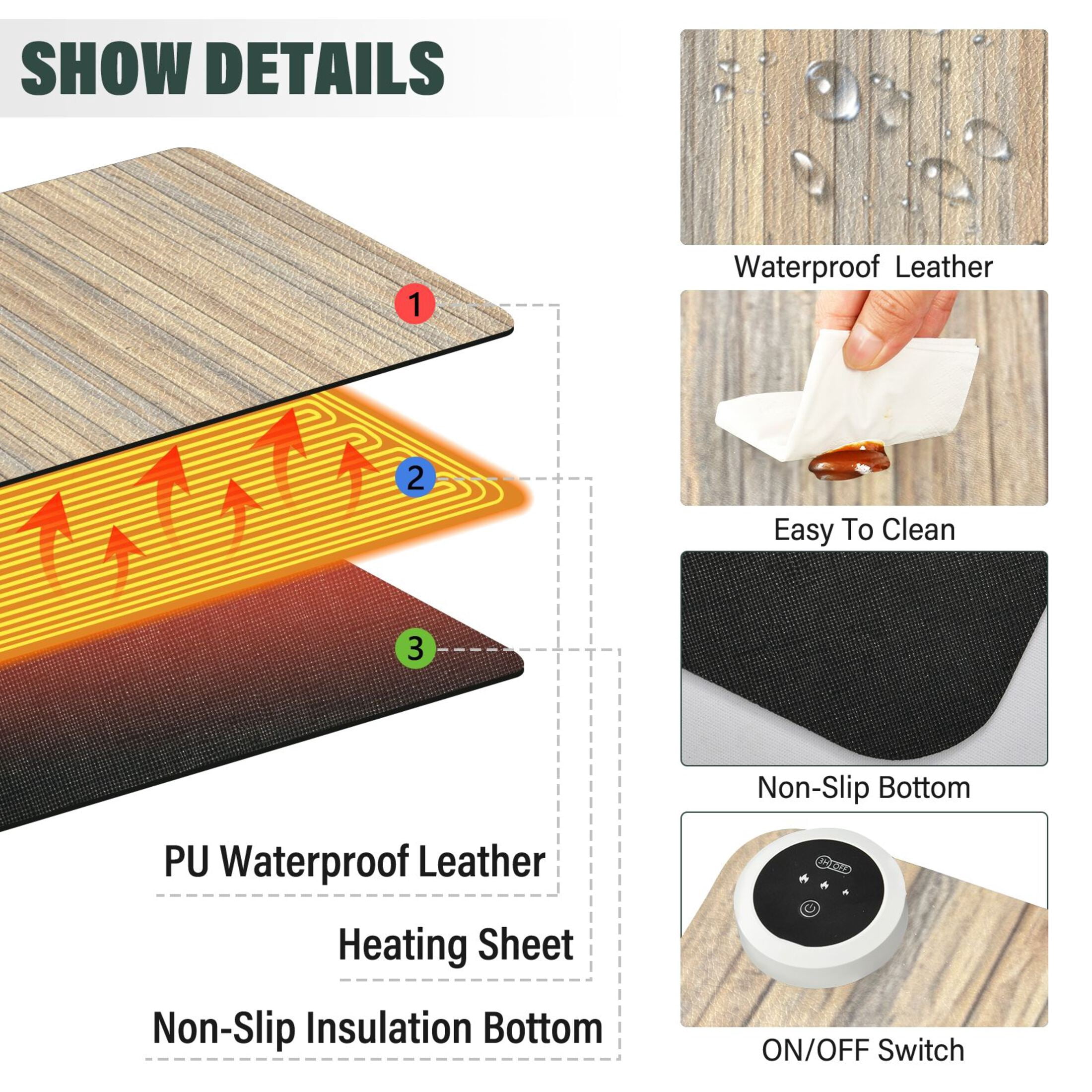 Large Heated Desk Mat Mouse Pad 31.5"x13"PU Leather Graphene Heating Desk Warmer with 3 Temperature Settings 110V US Plug Non-Slip Warm Pad for Home, Office, and Gaming Warm Beige Wood Pattern