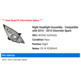 thumbnail image 2 of Right Passenger Side Headlight Assembly - Compatible with 2013 - 2015 Chevy Spark 2014, 2 of 2