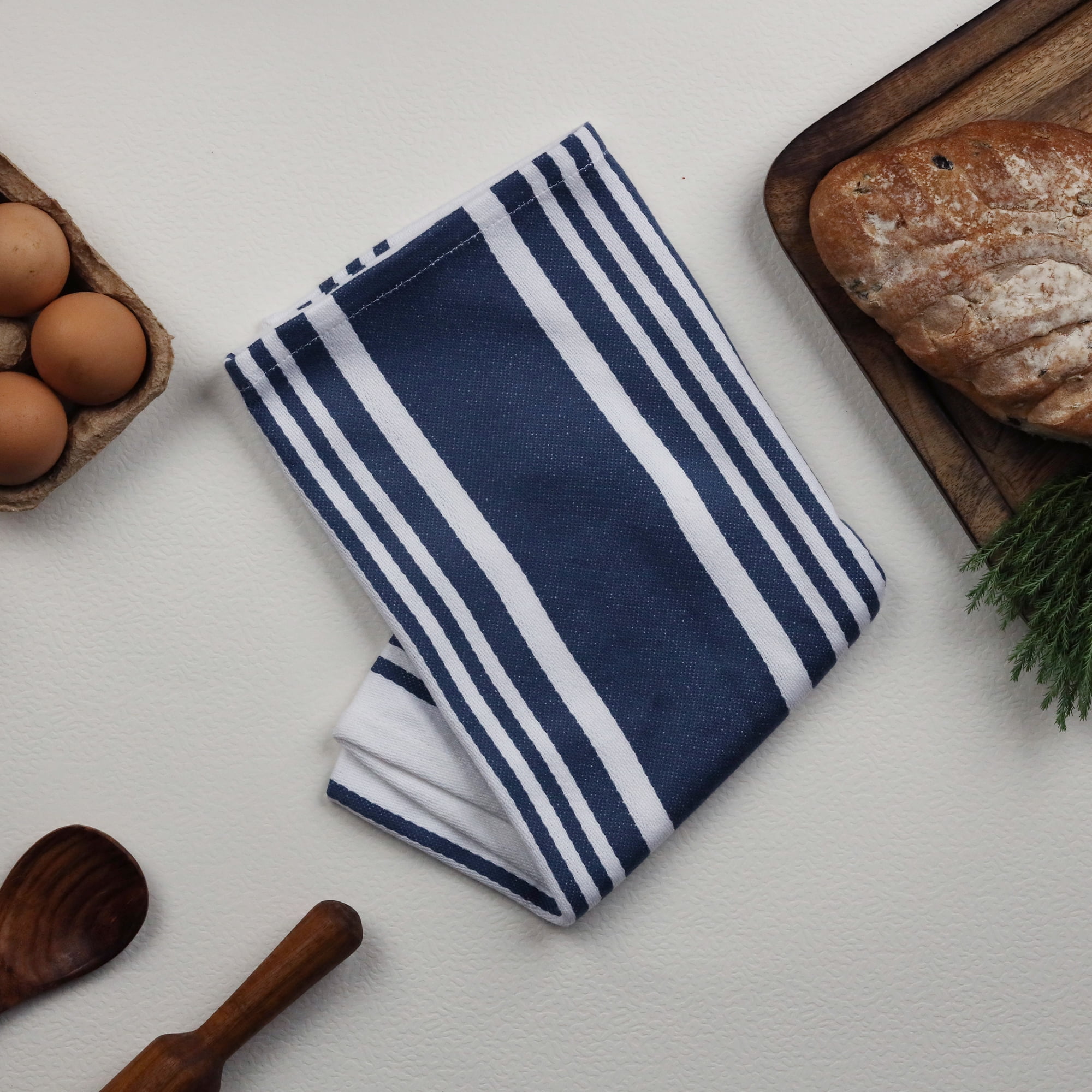 Indigo Blue White Stripe Set of 4 Kitchen Dish Towels 20x30 inch Extra Large Highly Absorbent 100% Cotton Hand Towel Mitered Corners for Bar & Tea