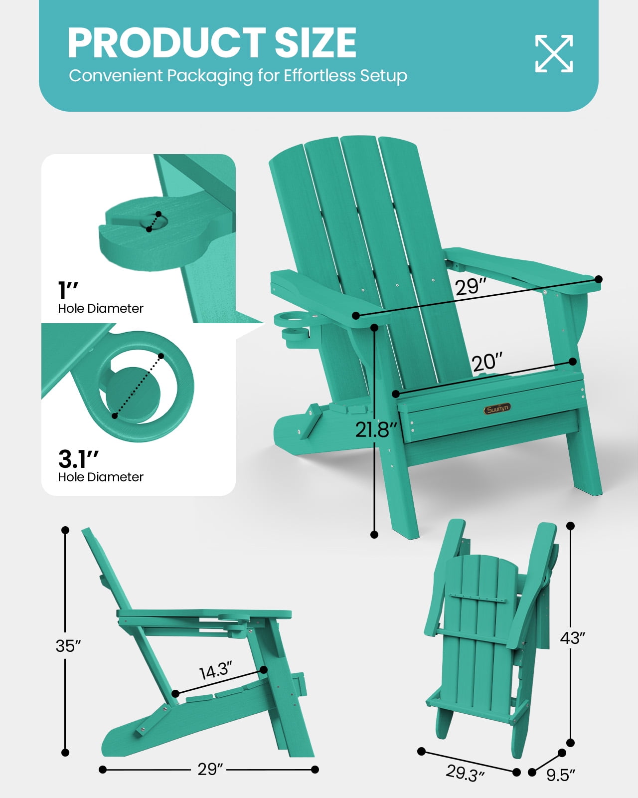 Folding Adirondack Chair, HDPE All-Weather Lawn Chair with 2 Cup Holder, Patio Garden Outdoors Fire Pit, Aqua